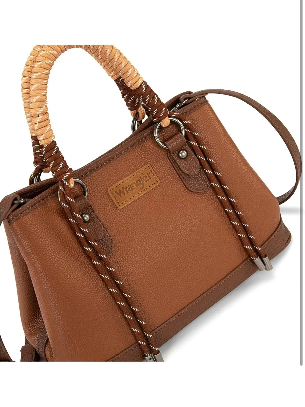 Wrangler Brown Leather Satchel with Braided Rope Handles